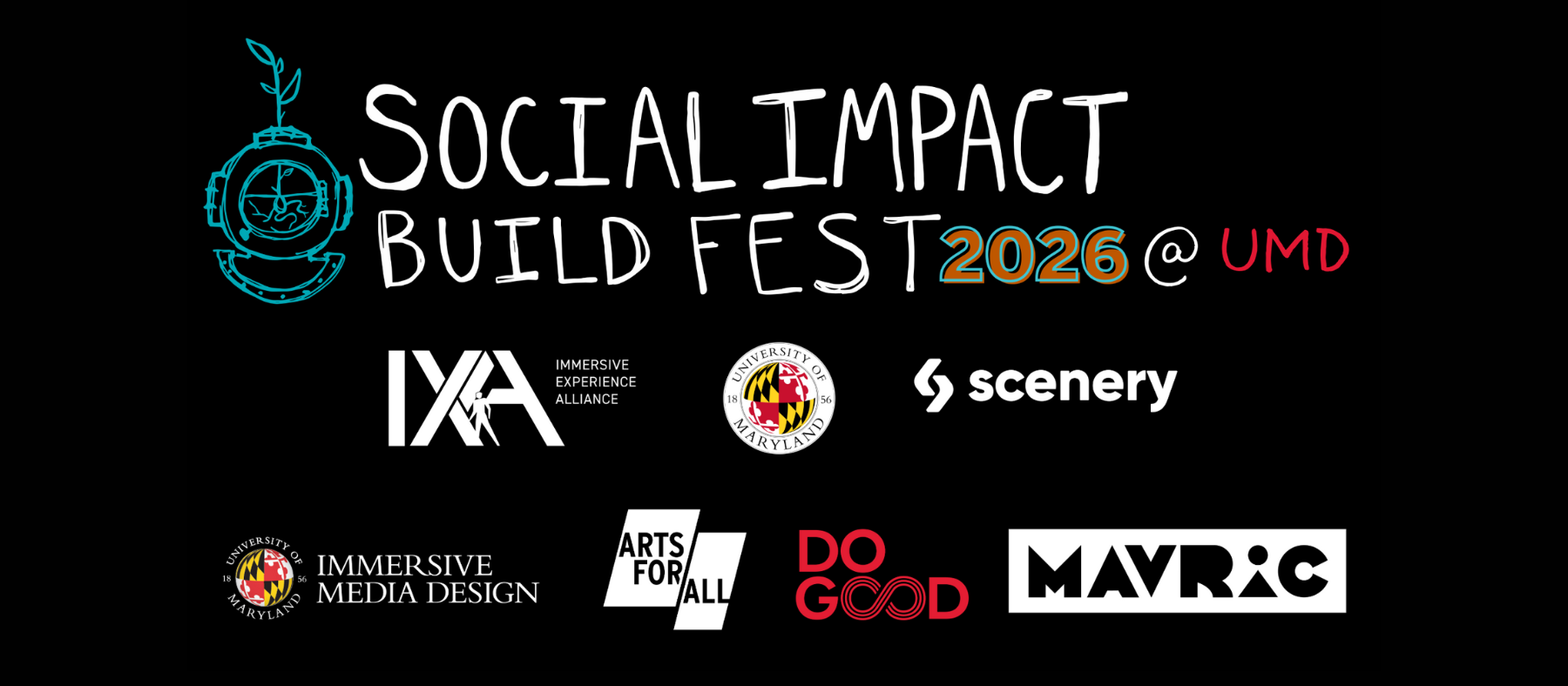 The title Social Impact Build Fest 2026 @ UMD and logos for event sponsors.