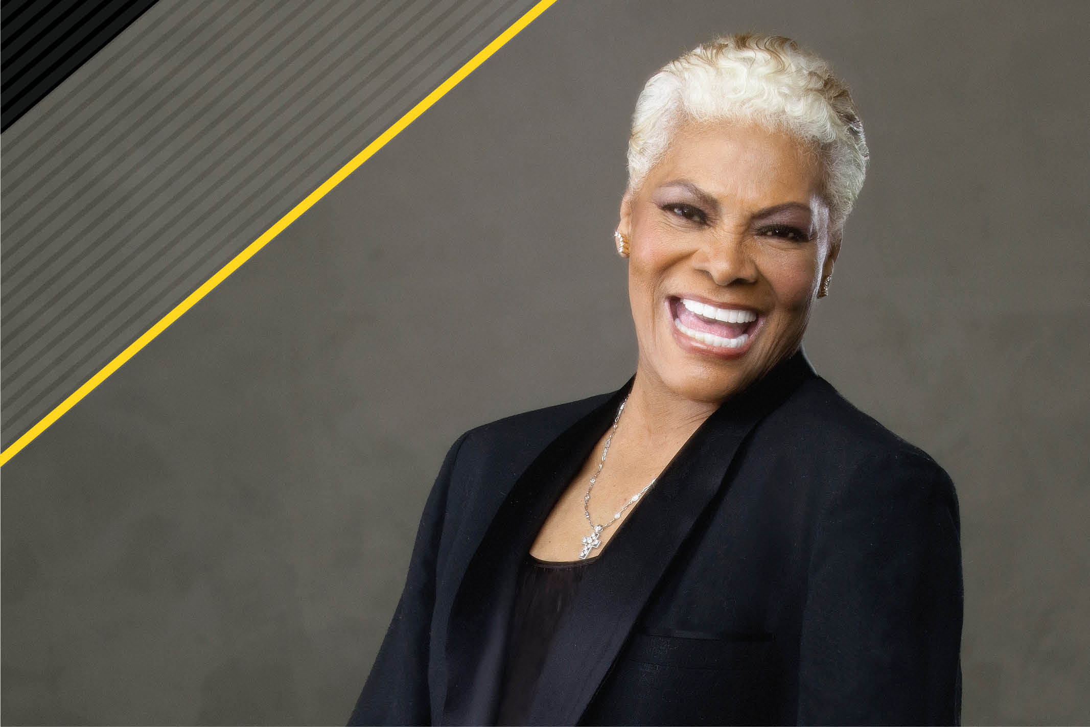 A Black woman with white hair smiles against a gray background with event name, date, and time.