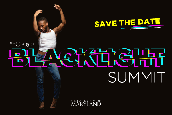 A Black man wearing a white tank top and jeans poses with arms over head next to text that says BlackLight Summit.