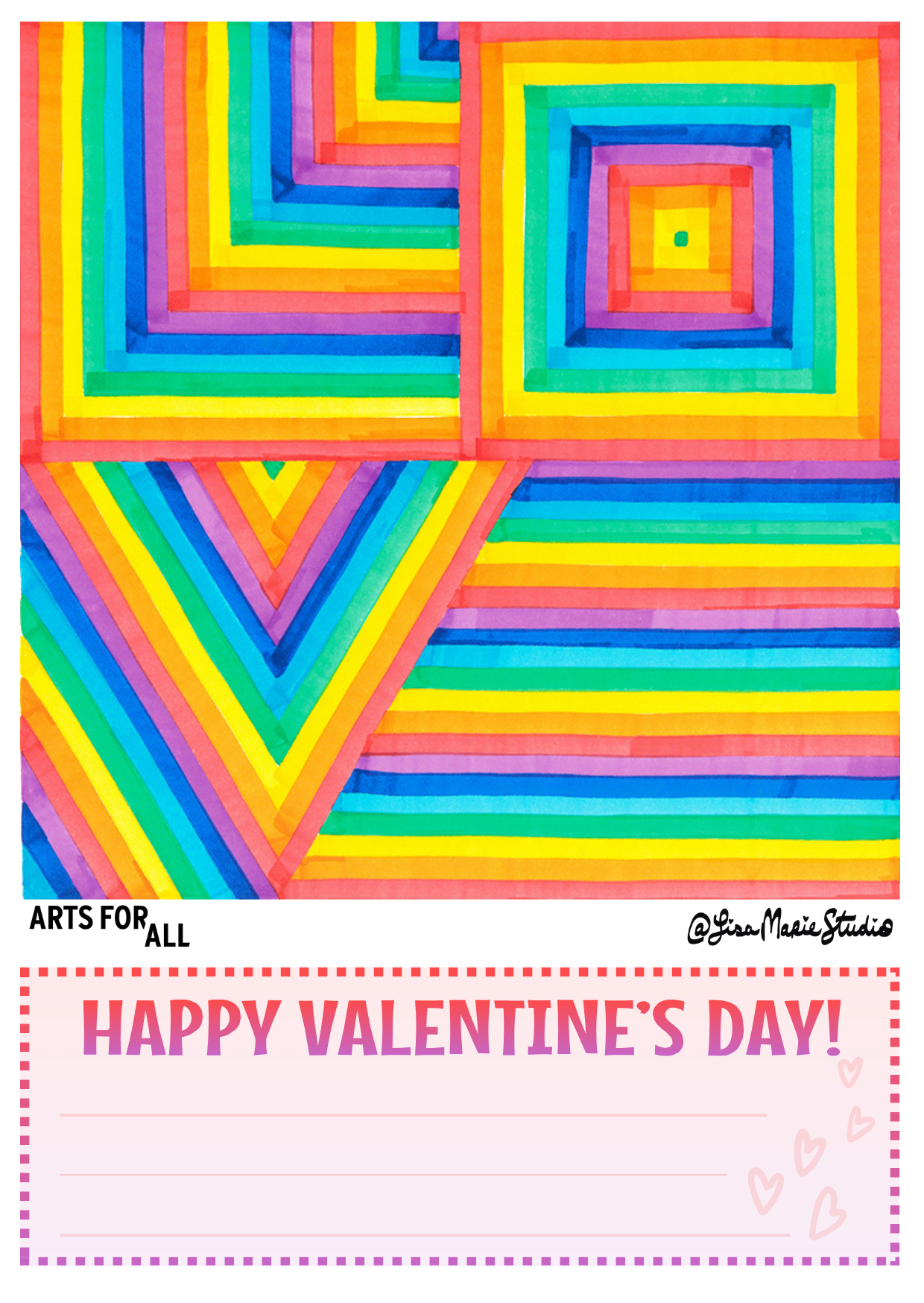 Valentine's Day card featuring rainbow color artwork spelling the word Love with a message that says Happy Valentine's Day!