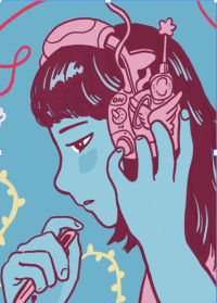Pink and blue illustration of Linda Kuo