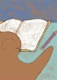 Illustration of little animal writing at desk