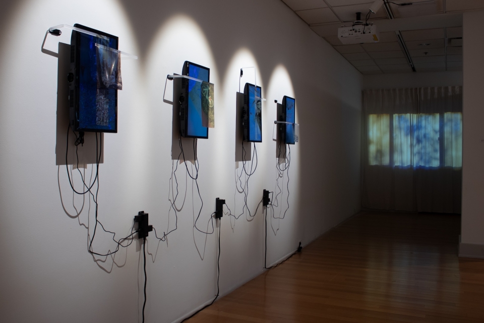 Four wired screens are to the left of the image. They are part of an art exhibition.