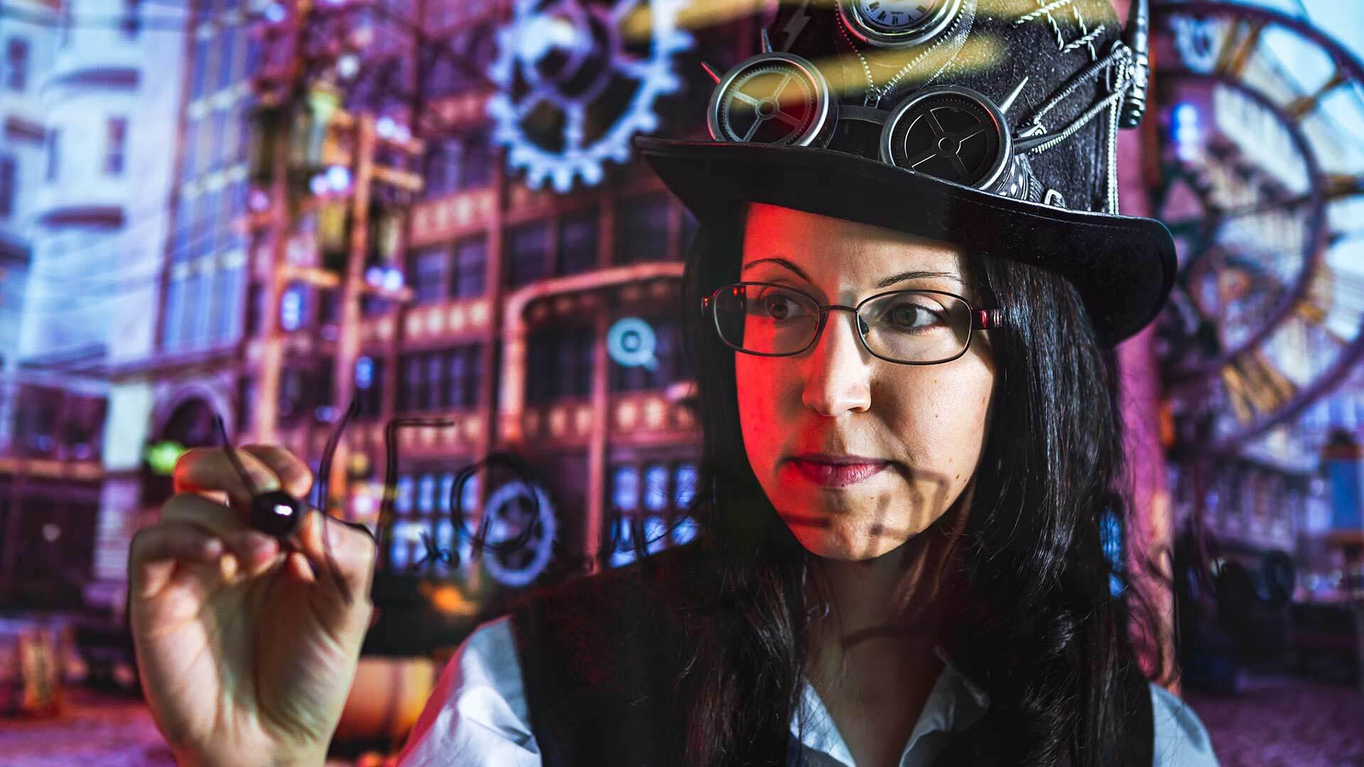 Theoretical physicist Nicole Yunger Halpern wearing a steampunk costume for a photo shoot in preparation for the release of her new book "quantum steampunk."