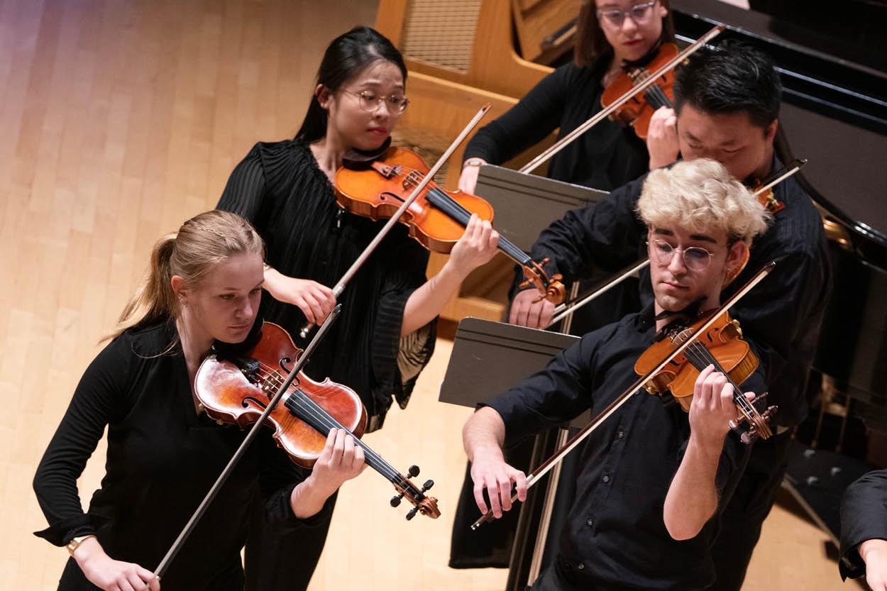 Orchestral members play violins during a concert.