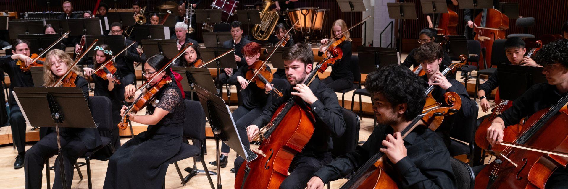 Members of the University Orchestra perform during a concert.