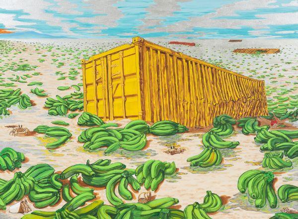 Bright colorful painting of a shipping container floating in the ocean surrounded by bananas.