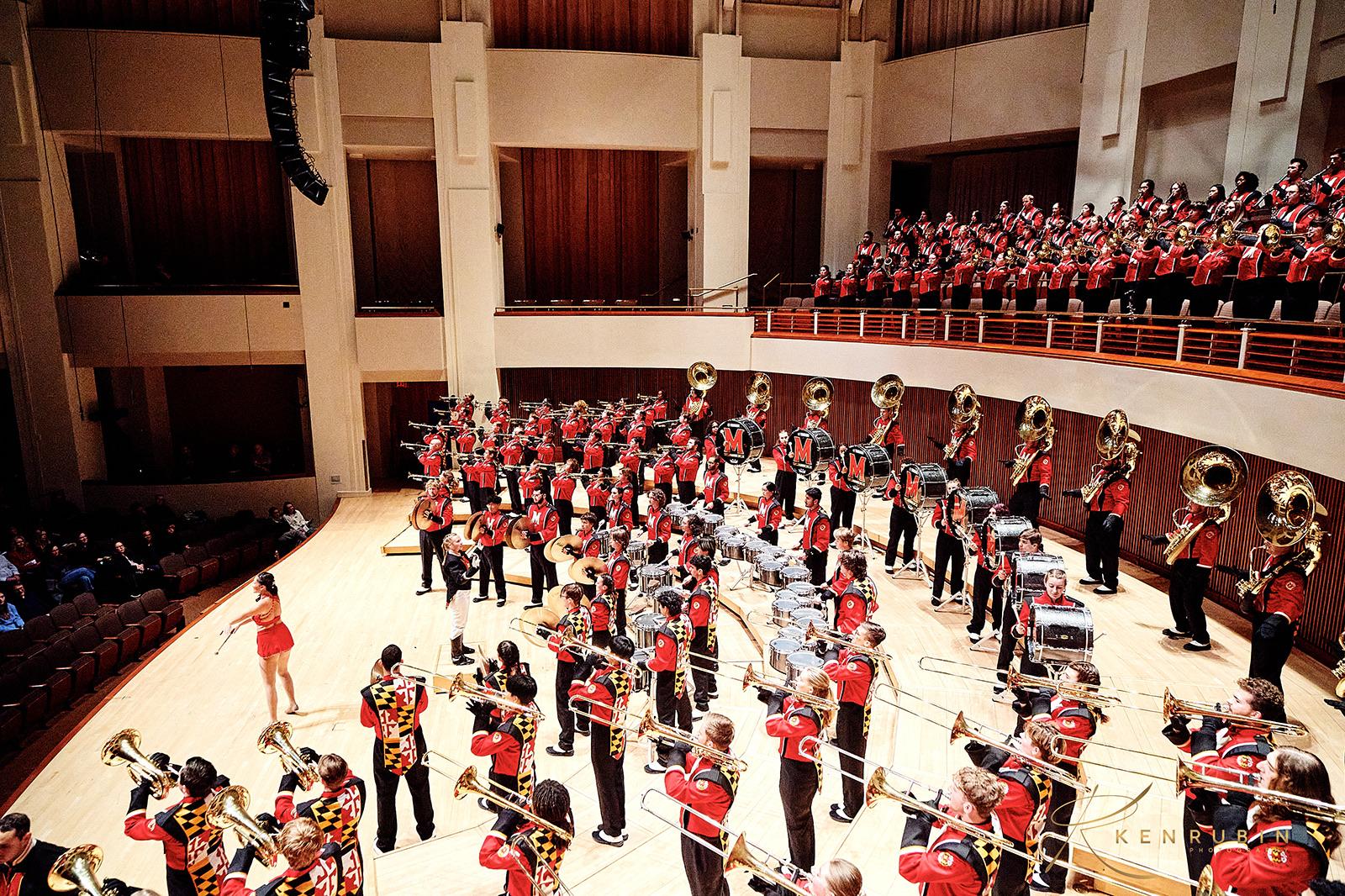 The Mighty Sound of Maryland Marching Band performs on stage at The Clarice.