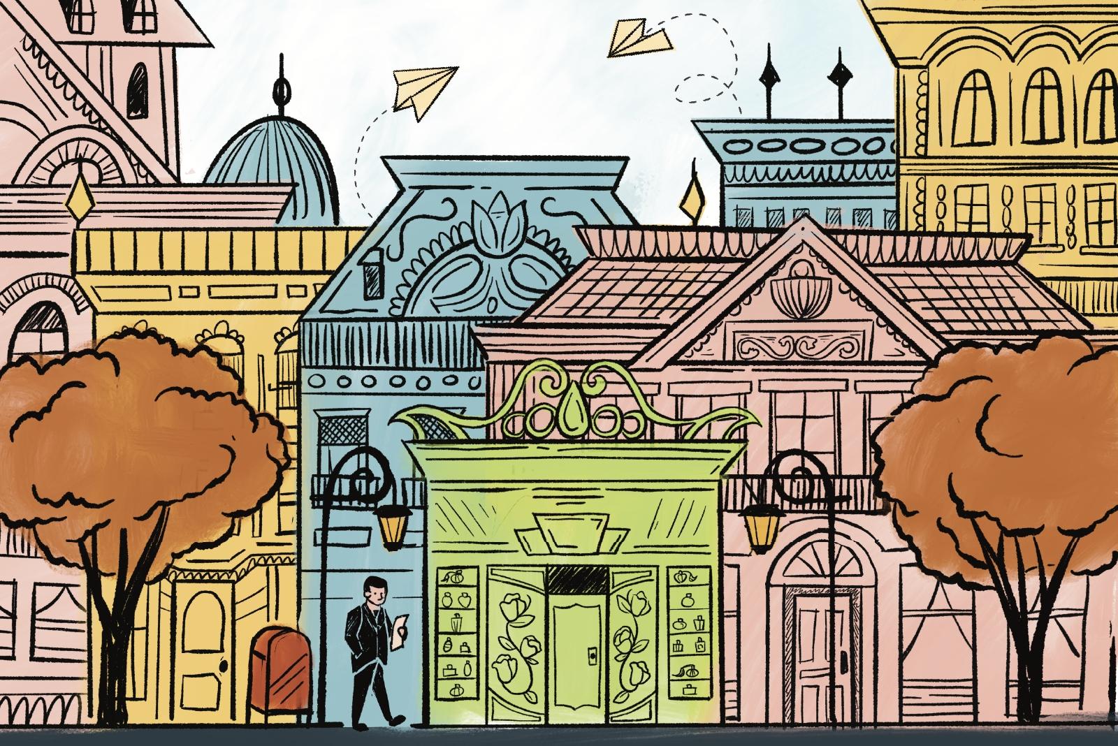Colorful buildings and a person walking down the street.