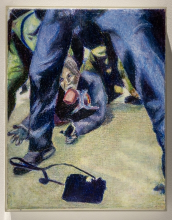 An artwork depicting a person on the ground with another person towering over them.