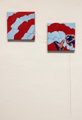 A mixed media piece depicts an anonymous pair of hands stitching together pieces of the American flag across two separate canvases, physically connected by a real needle and thread. 